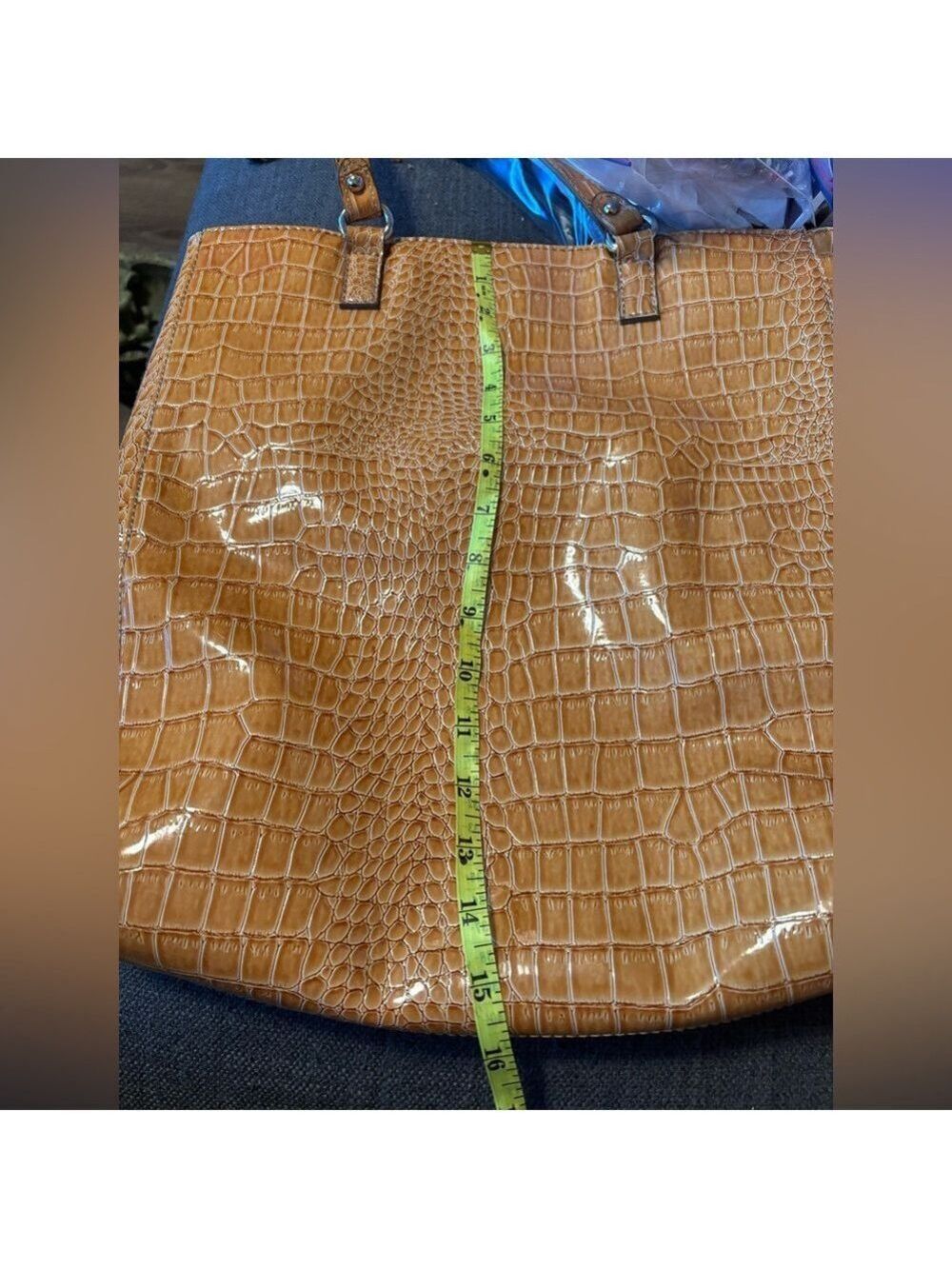LIKE NEW Embossed Reptile Pattern Embossed Yellow Fashion Tote Bag - Picture 12 of 16